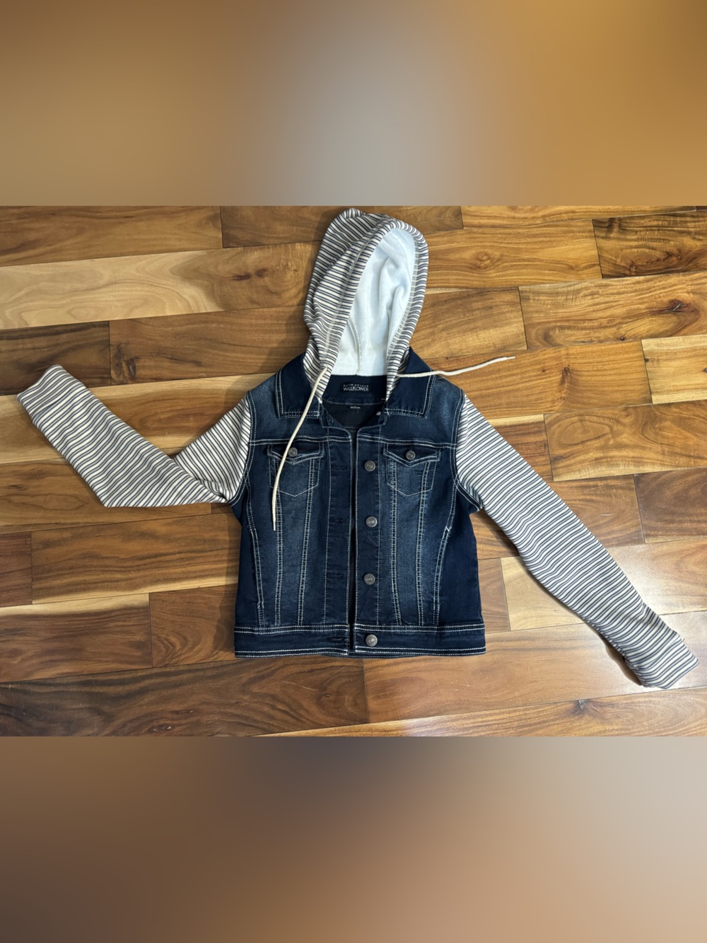 Juniors/women Hooded Denim Jacket with Striped Knit Sleeves - Navy & Heather
